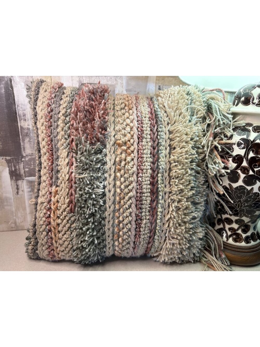 Cost Plus World Market Boho Style Throw Pillow Woven Pattern with Fringe 18"